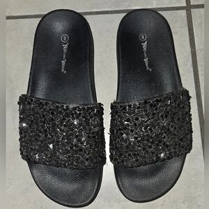 Black Sequin Platform Slide Sandals